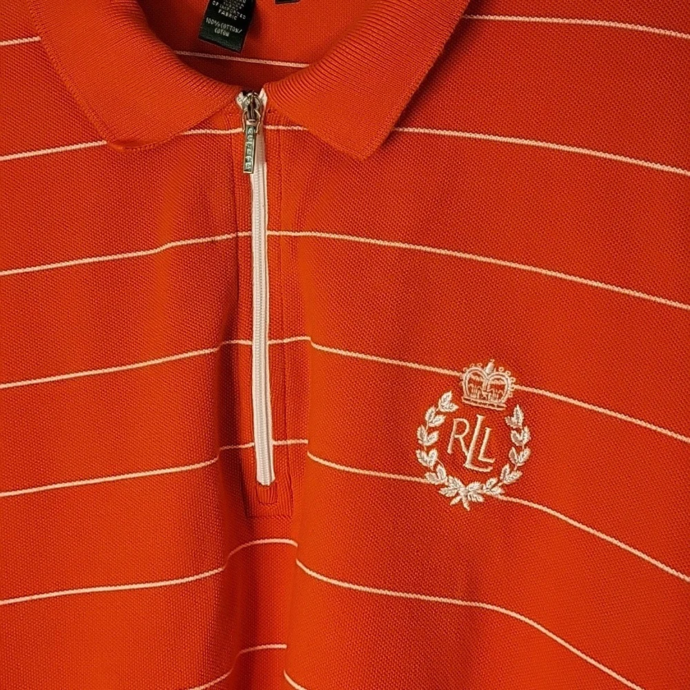 Lauren Active Polo XL Short Sleeve Orange White Stripe Zip Up